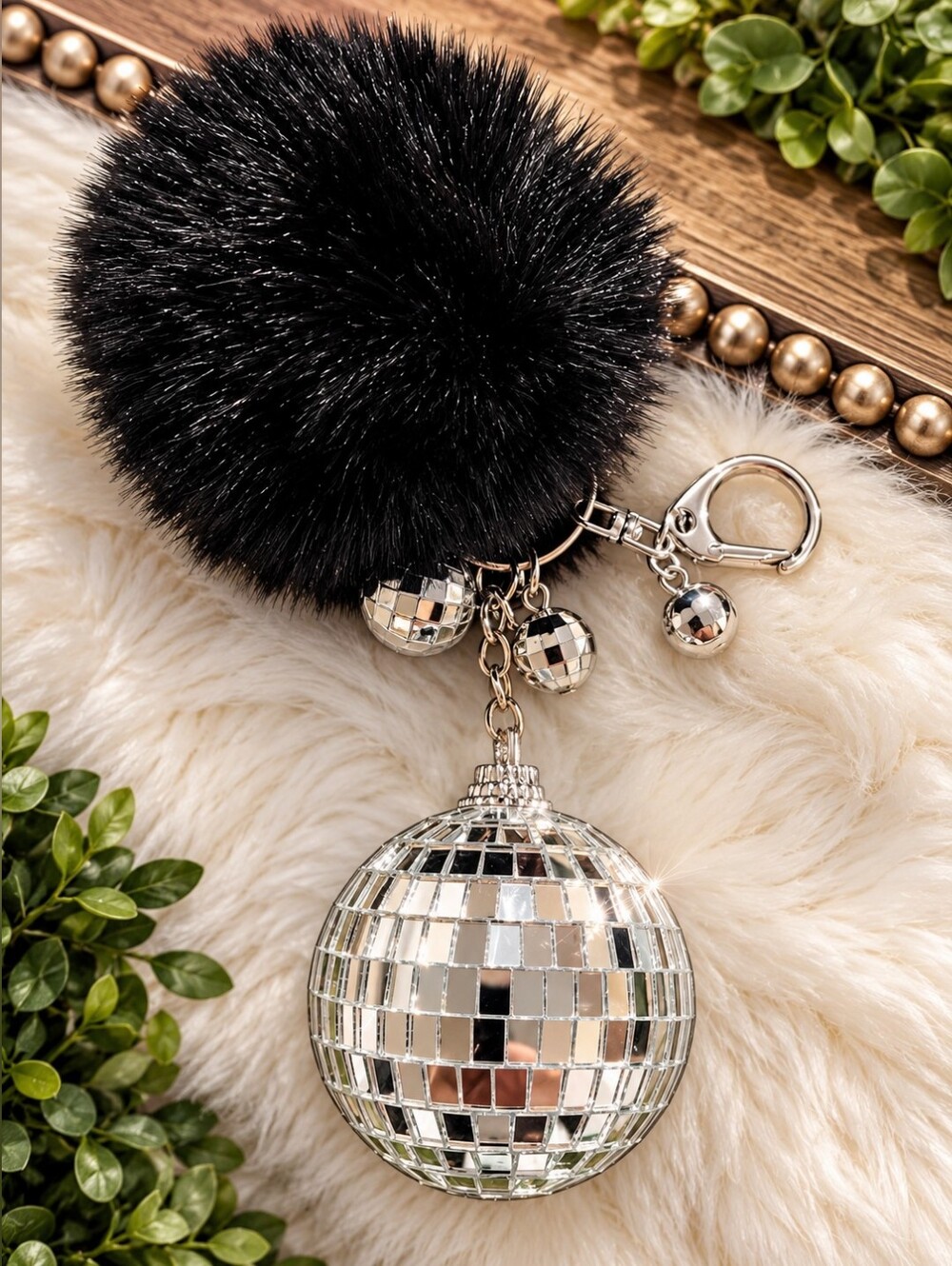 NEW Black Faux Fur Pom Pom Keychain with Silver Disco Ball Accent